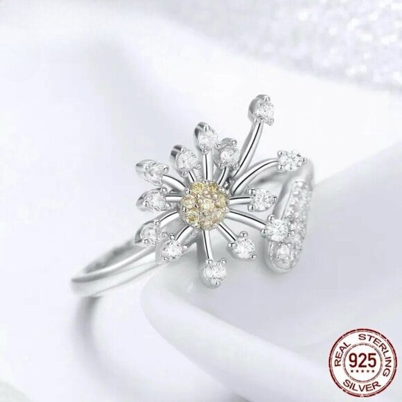 NWT Dainty Flower Ring CZ Platinum Over S925 Silver Dandelion Adjustable Open - Picture 5 of 9